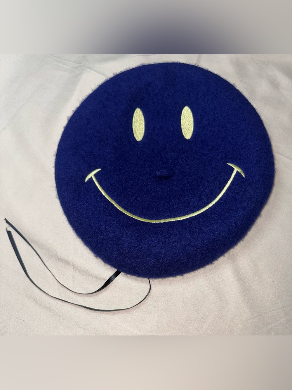 Navy Blue Smiley Wool Beret with Adjustable Ribbons